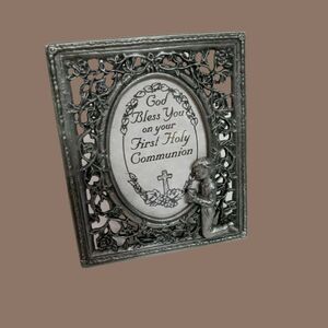 First Holy Communion Photo Picture Frame Pewter Filigree Boy 3.5" Religious VTG